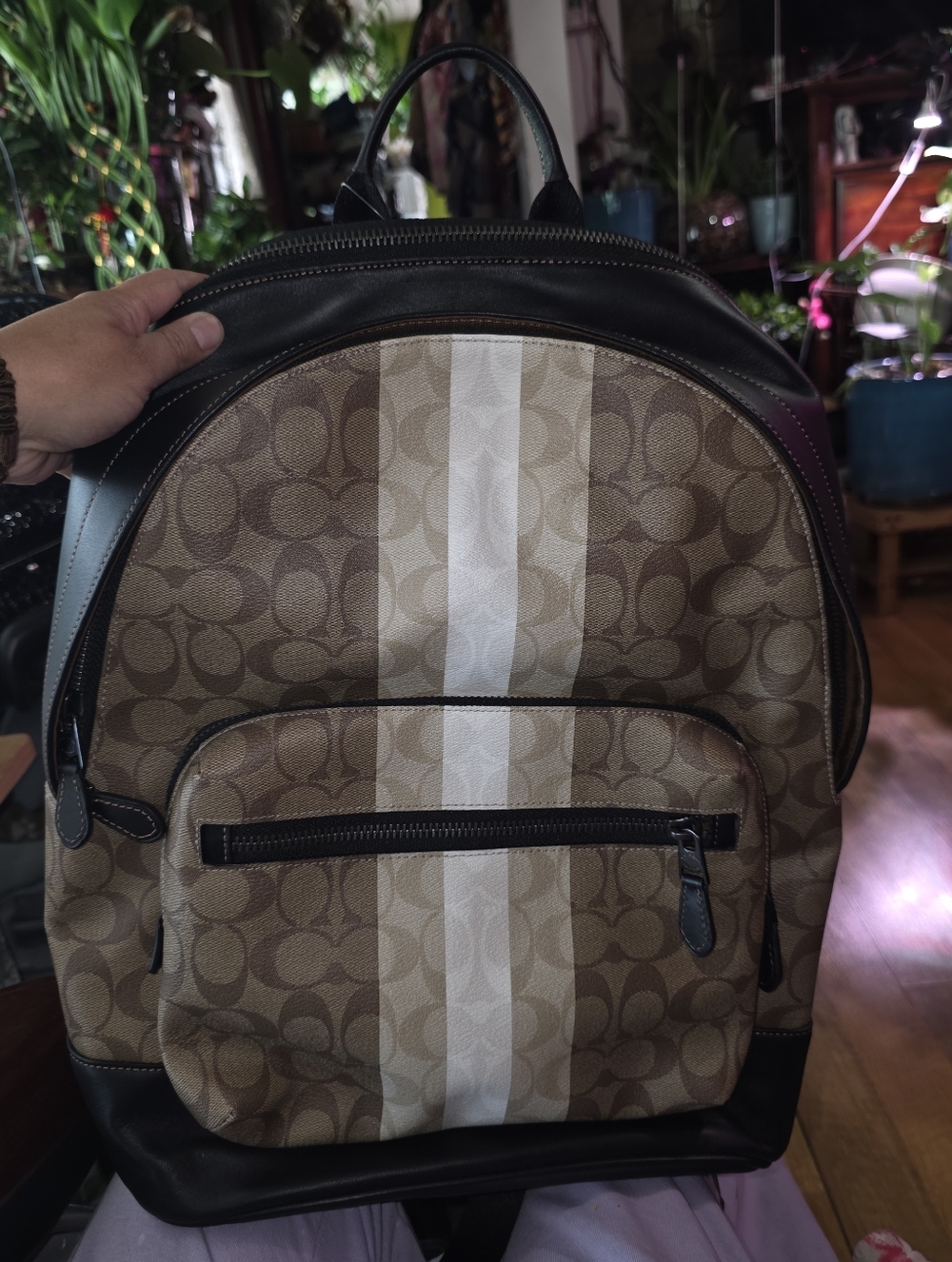 Coach Brown Signature Canvas Backpack with White Center Stripe